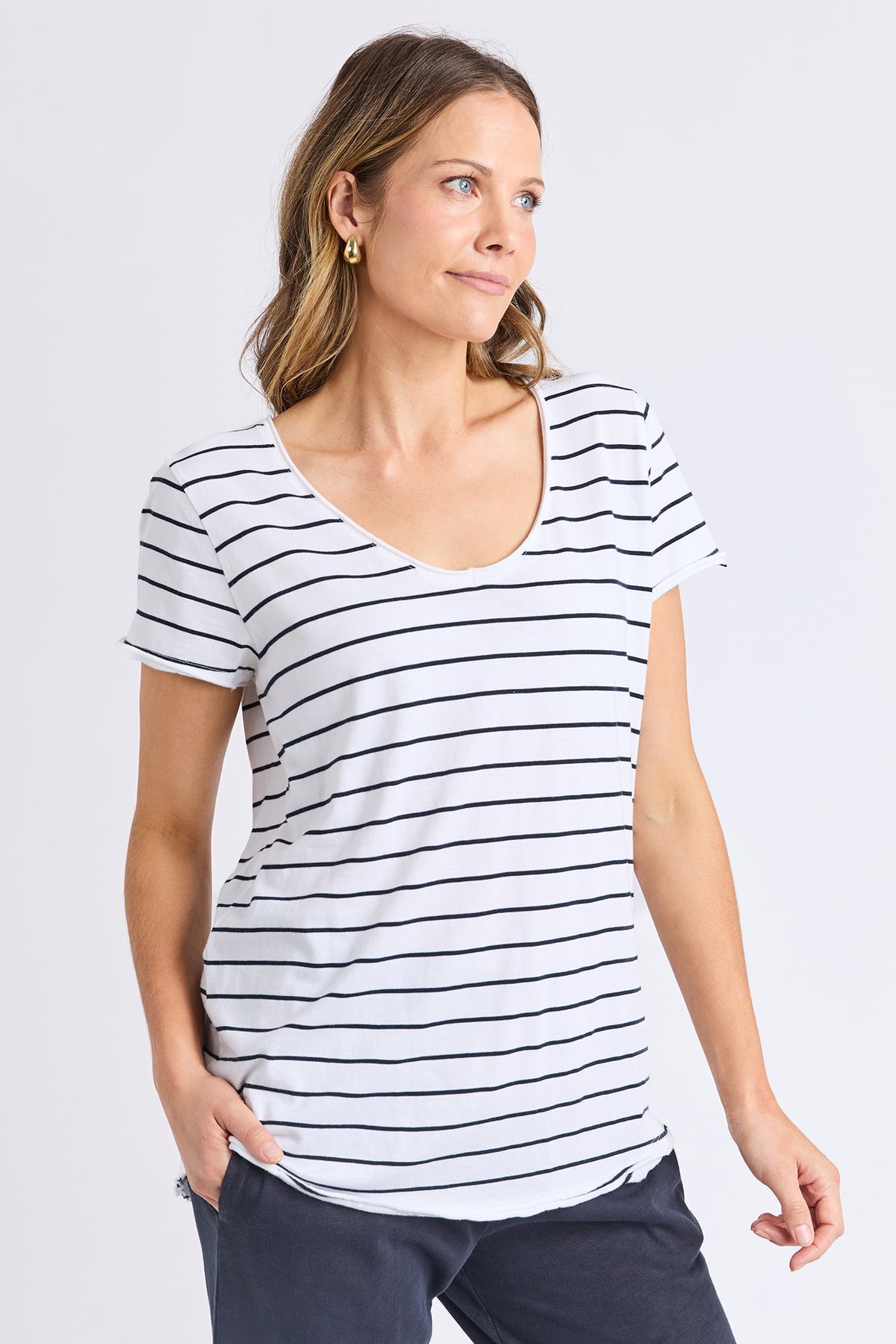 Elm Pima Vee Tee - white/navy stripe