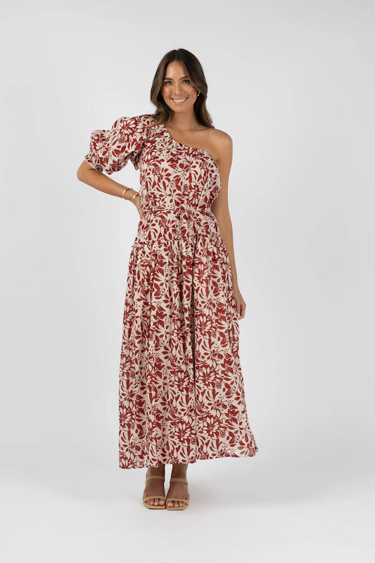 Humidity Eden One Shoulder Dress - brick